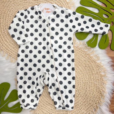 Macacão em Plush com Abertura em Zíper Cachorinha de Laço Rosa - Off White com Bolotas Pretas